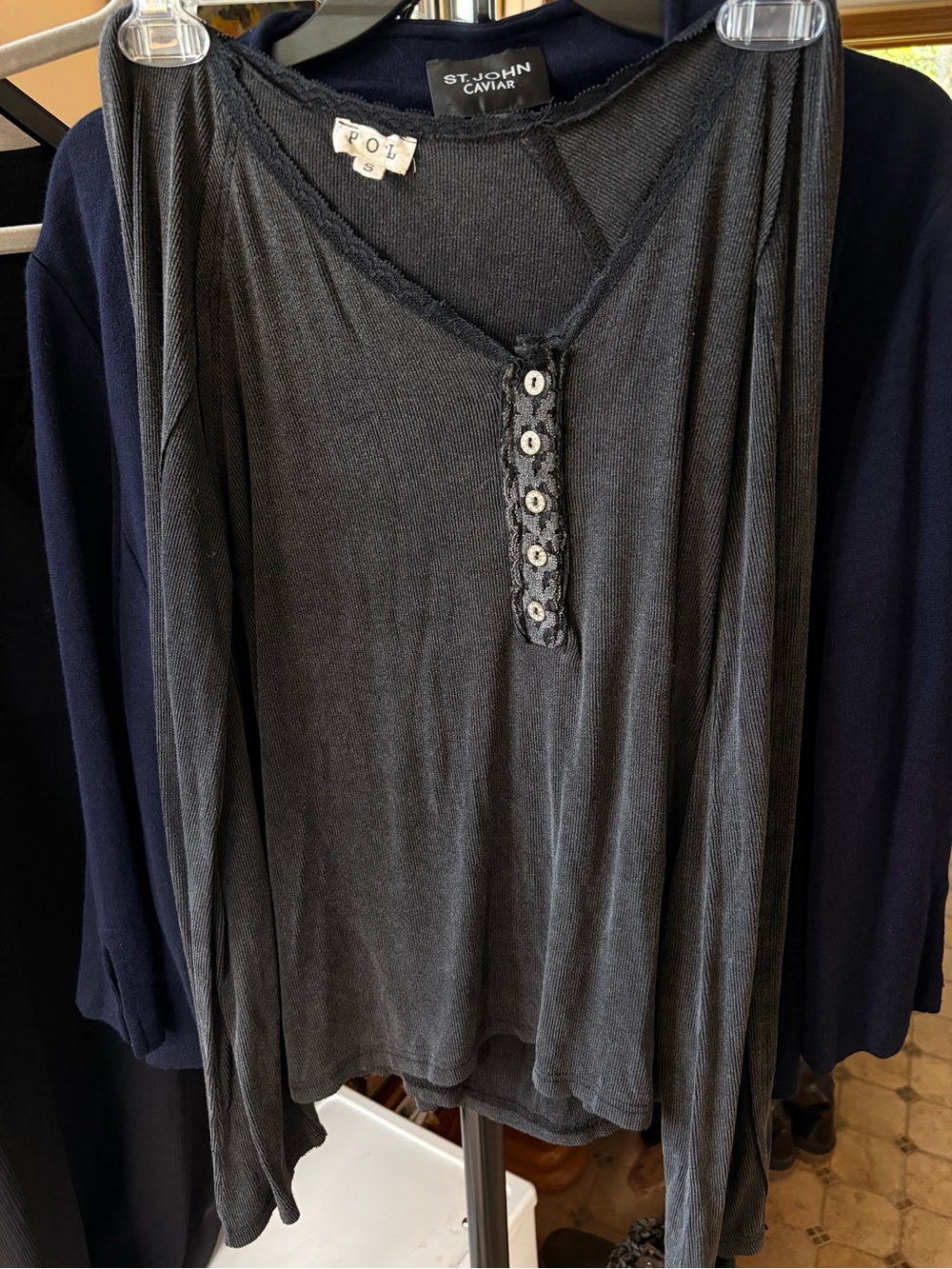 POL Longsleeve Waffle Knit Henley Shirt Top in Charcoal Black -- S